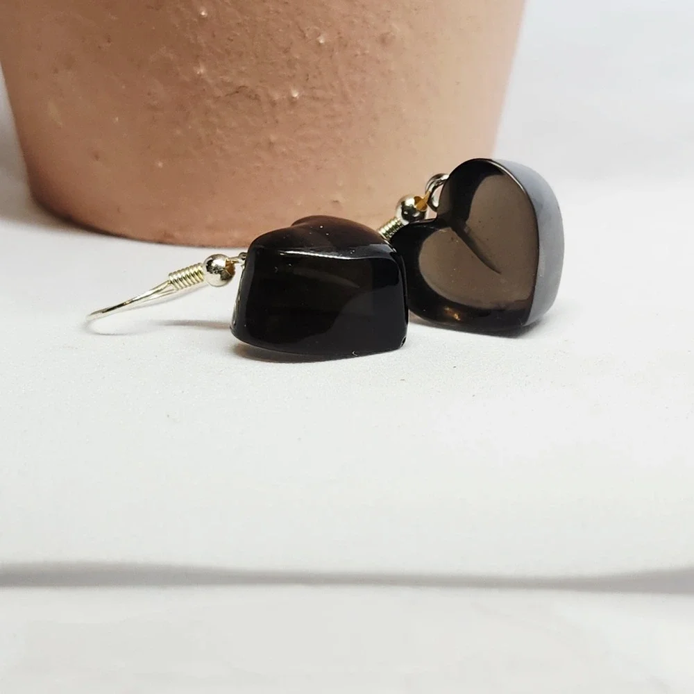 Handmade Black Jelly Translucent Heart Dangle Drop Earrings‎ 1-1/2